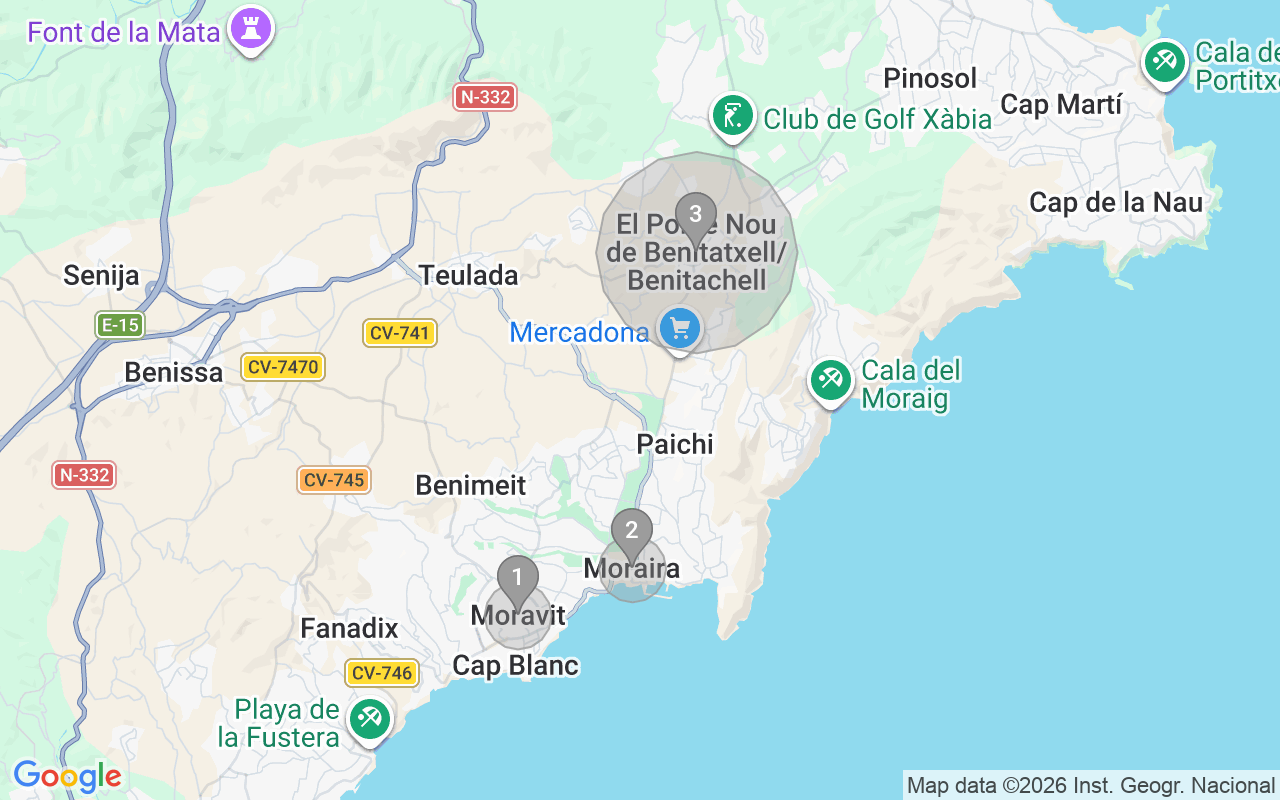 Map of Airbnb guest-review hotspots in moraira with location premium circles
