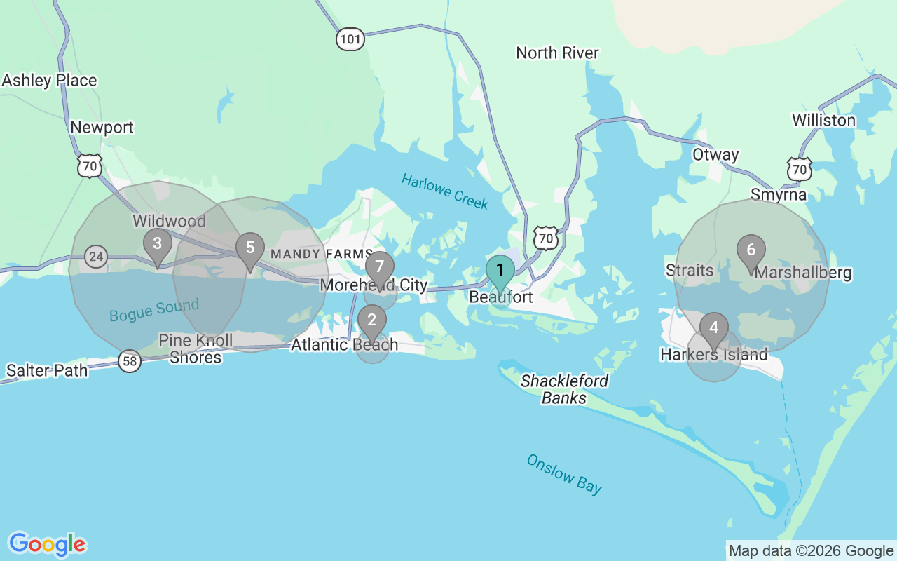Map of Airbnb guest-review hotspots in Morehead City with location premium circles
