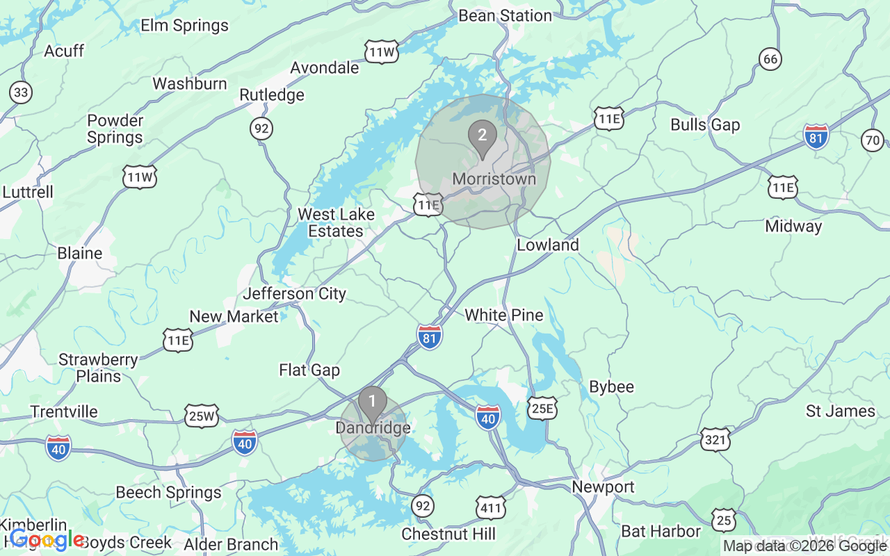 Map of Airbnb guest-review hotspots in Morristown with location premium circles