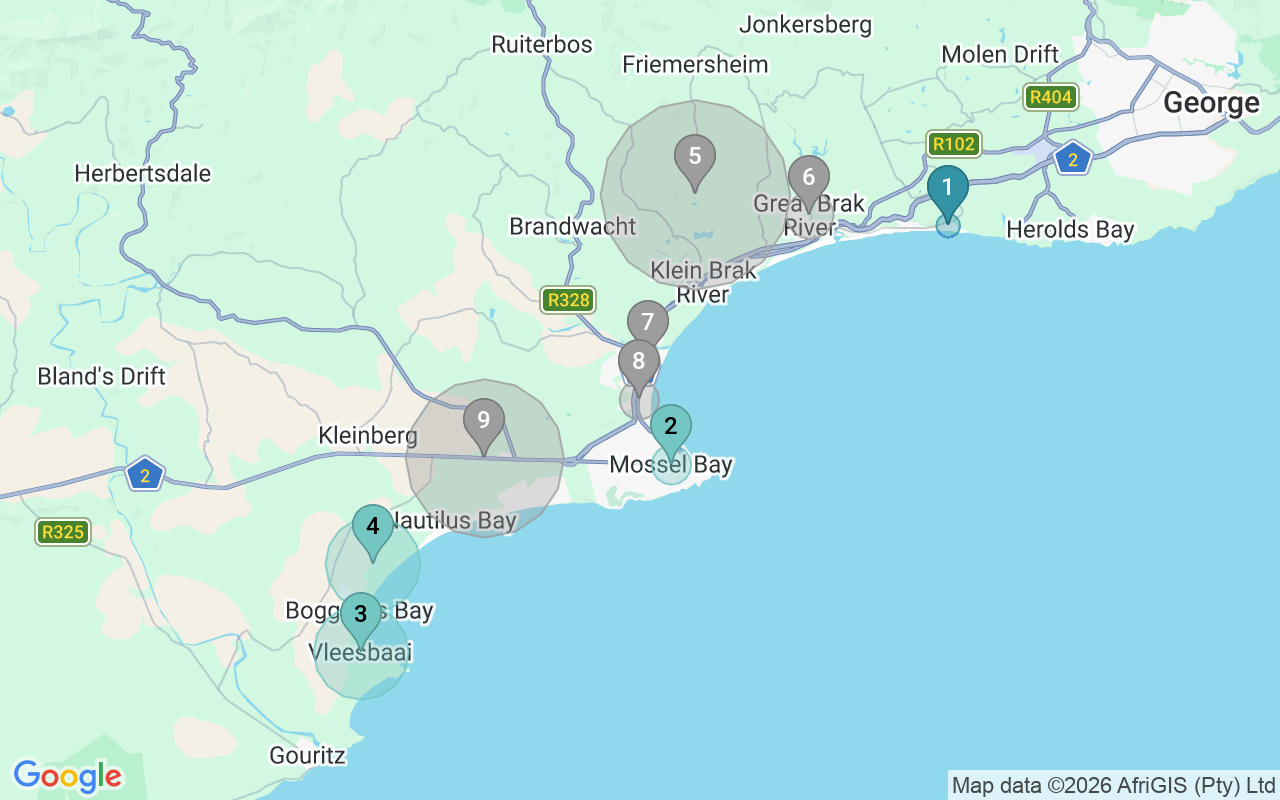 Map of Airbnb guest-review hotspots in Mossel Bay with location premium circles