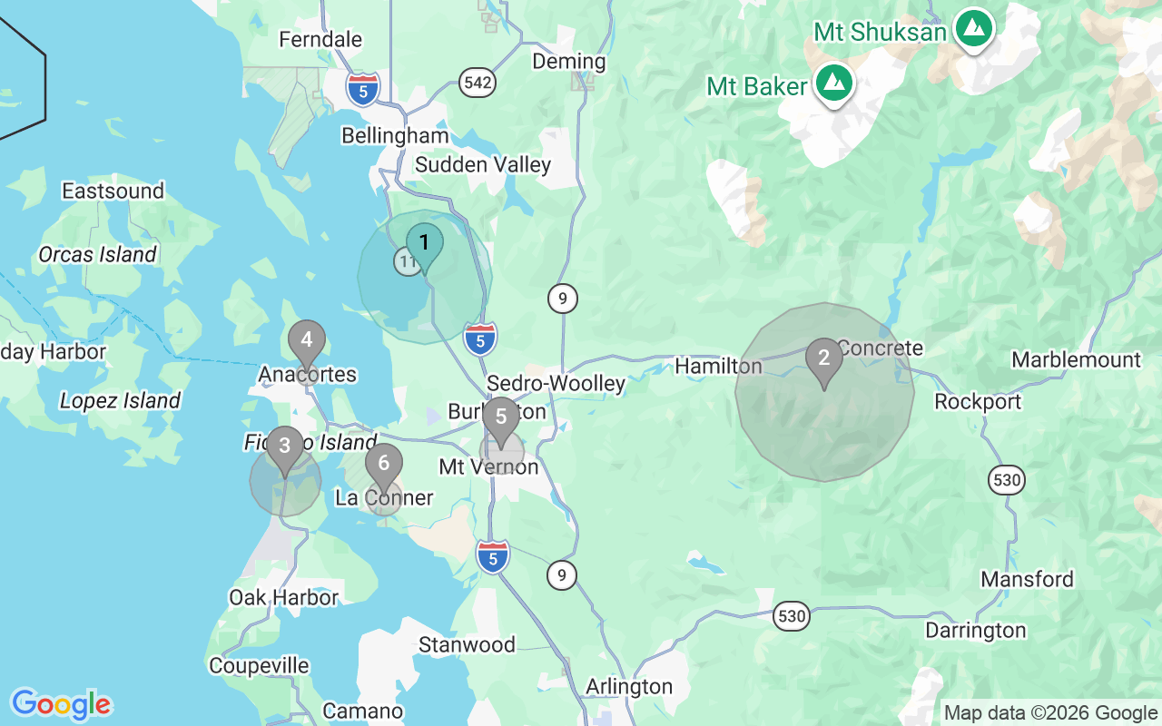 Map of Airbnb guest-review hotspots in Mount Vernon-Anacortes with location premium circles