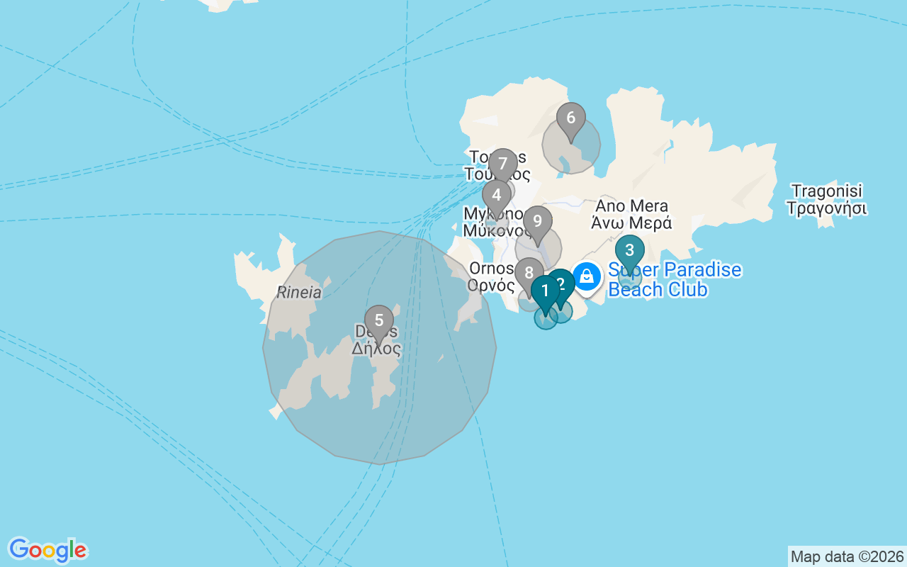 Map of Airbnb guest-review hotspots in Mykonos with location premium circles