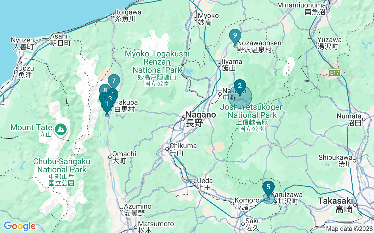 Map of Airbnb guest-review hotspots in Nagano with location premium circles