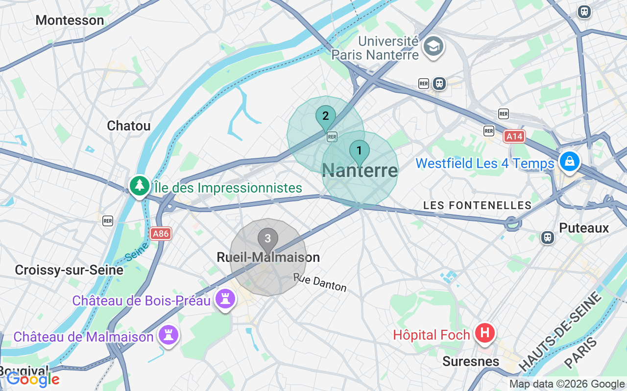 Map of Airbnb guest-review hotspots in Nanterre with location premium circles