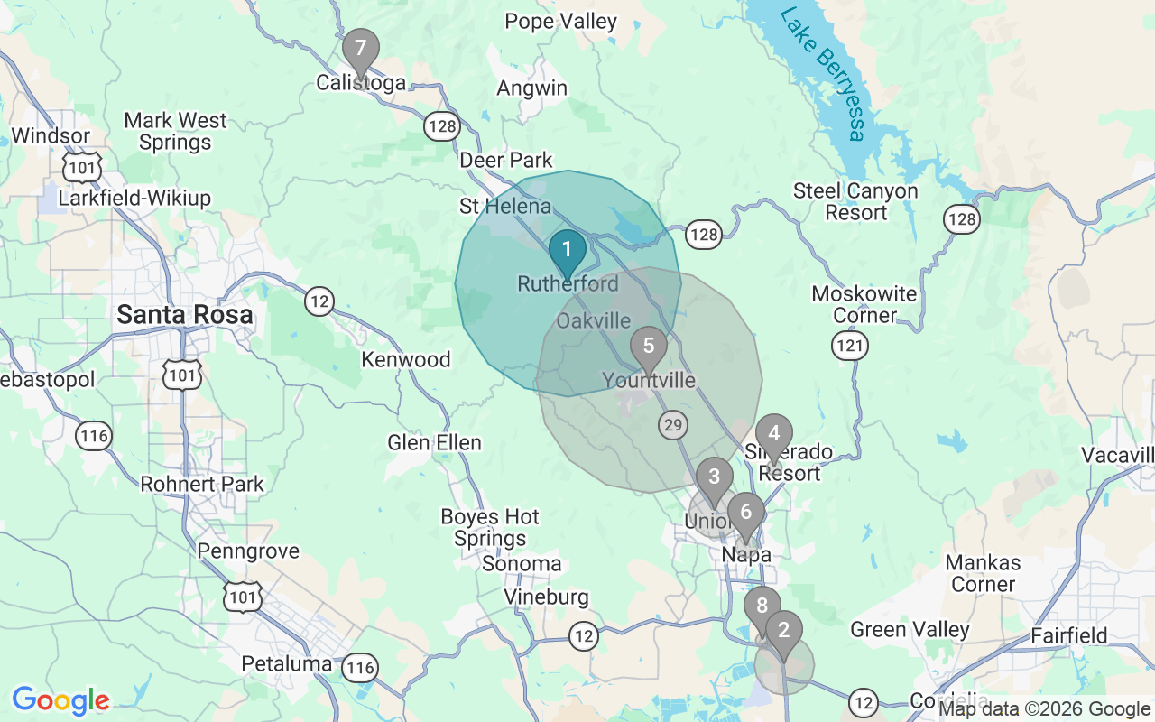 Map of Airbnb guest-review hotspots in Napa with location premium circles