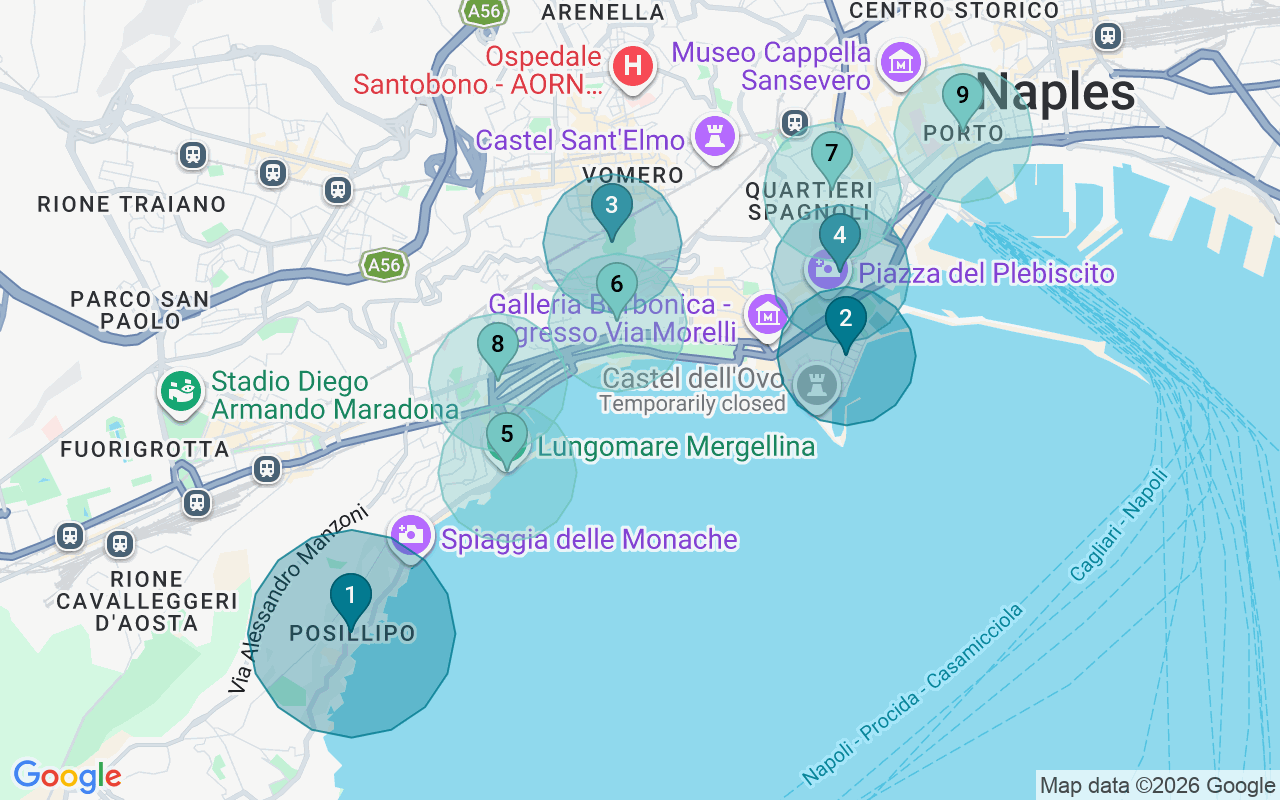 Map of Airbnb guest-review hotspots in Naples with location premium circles