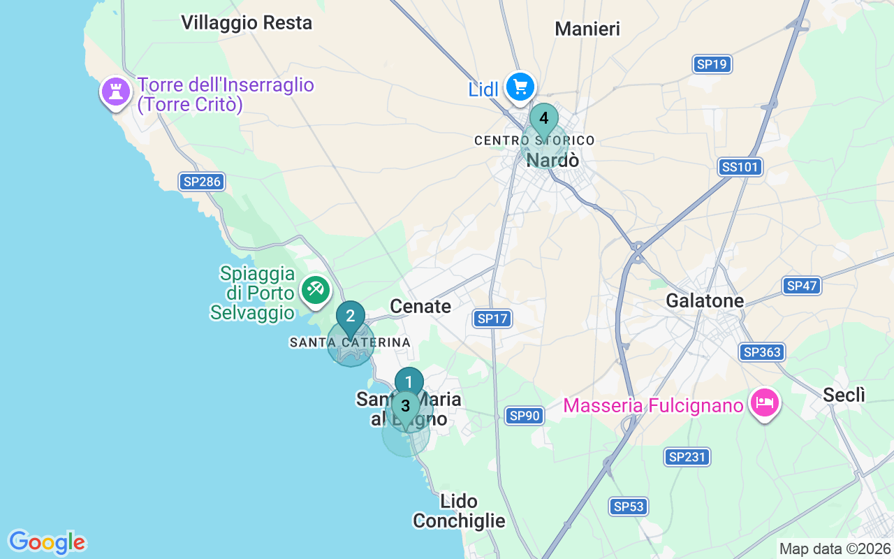 Map of Airbnb guest-review hotspots in Nardo with location premium circles