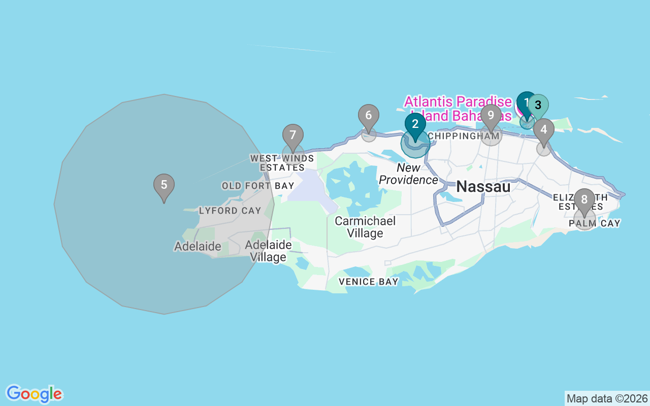 Map of Airbnb guest-review hotspots in Nassau with location premium circles