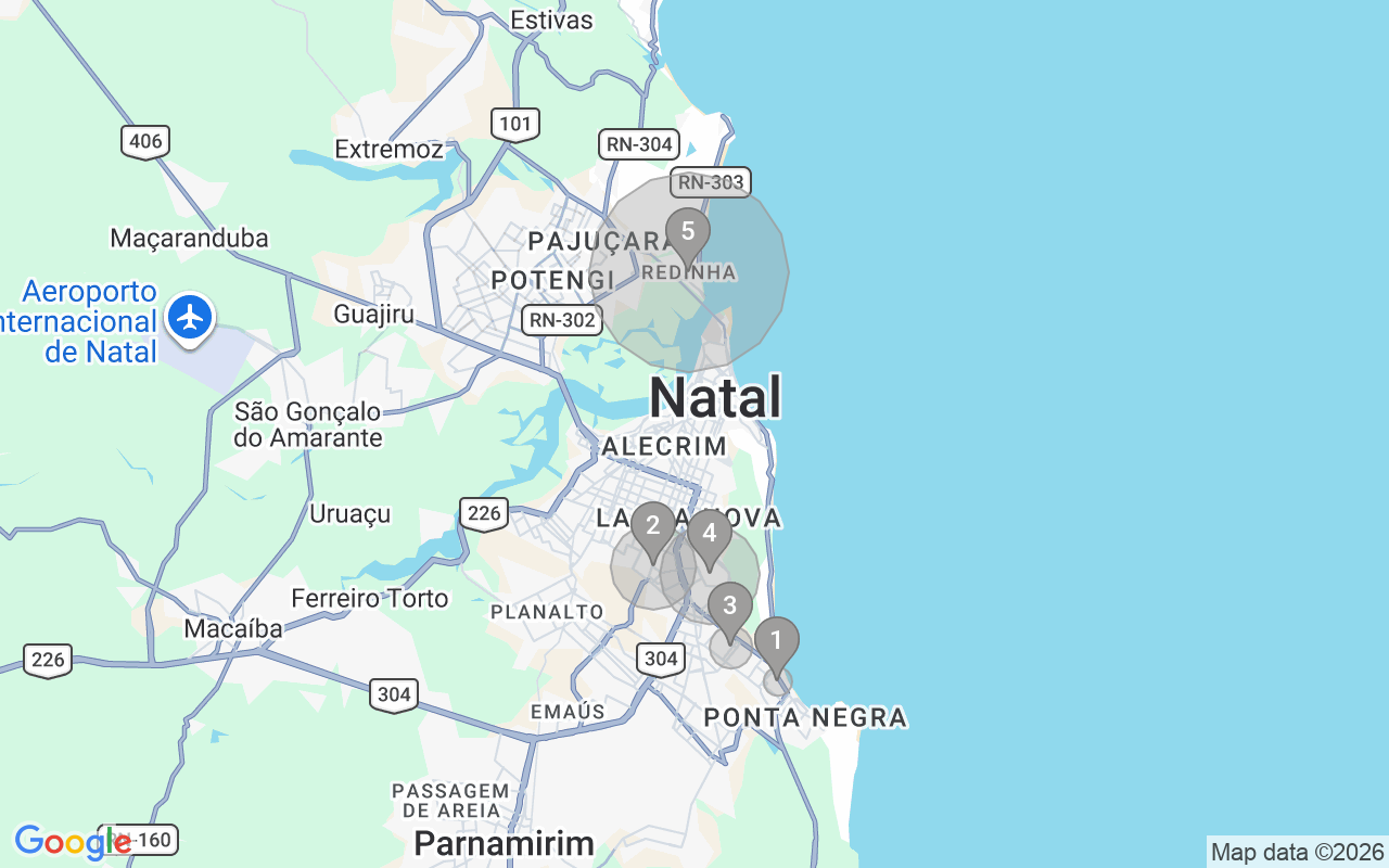 Map of Airbnb guest-review hotspots in Natal with location premium circles