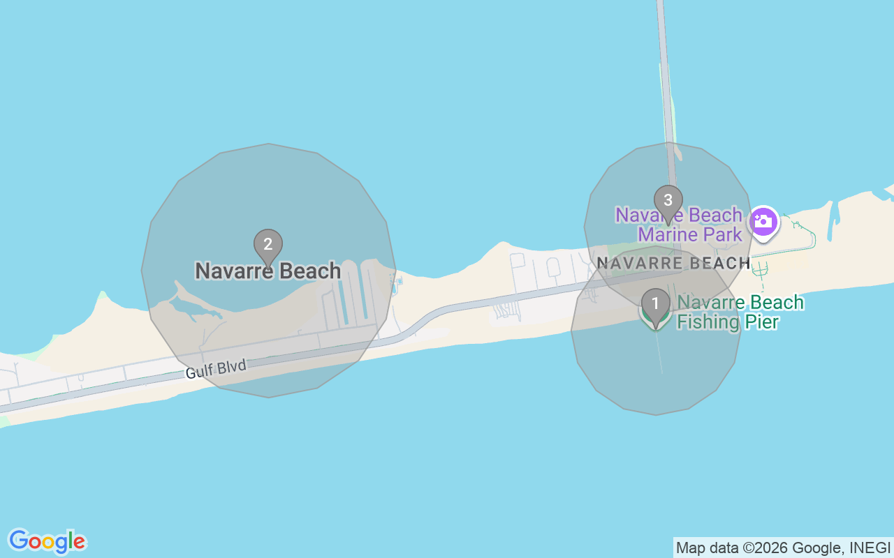Map of Airbnb guest-review hotspots in Navarre Beach with location premium circles