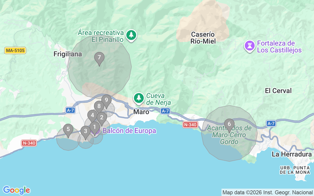 Map of Airbnb guest-review hotspots in Nerja with location premium circles