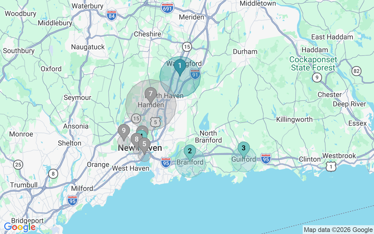 Map of Airbnb guest-review hotspots in New Haven-Milford with location premium circles