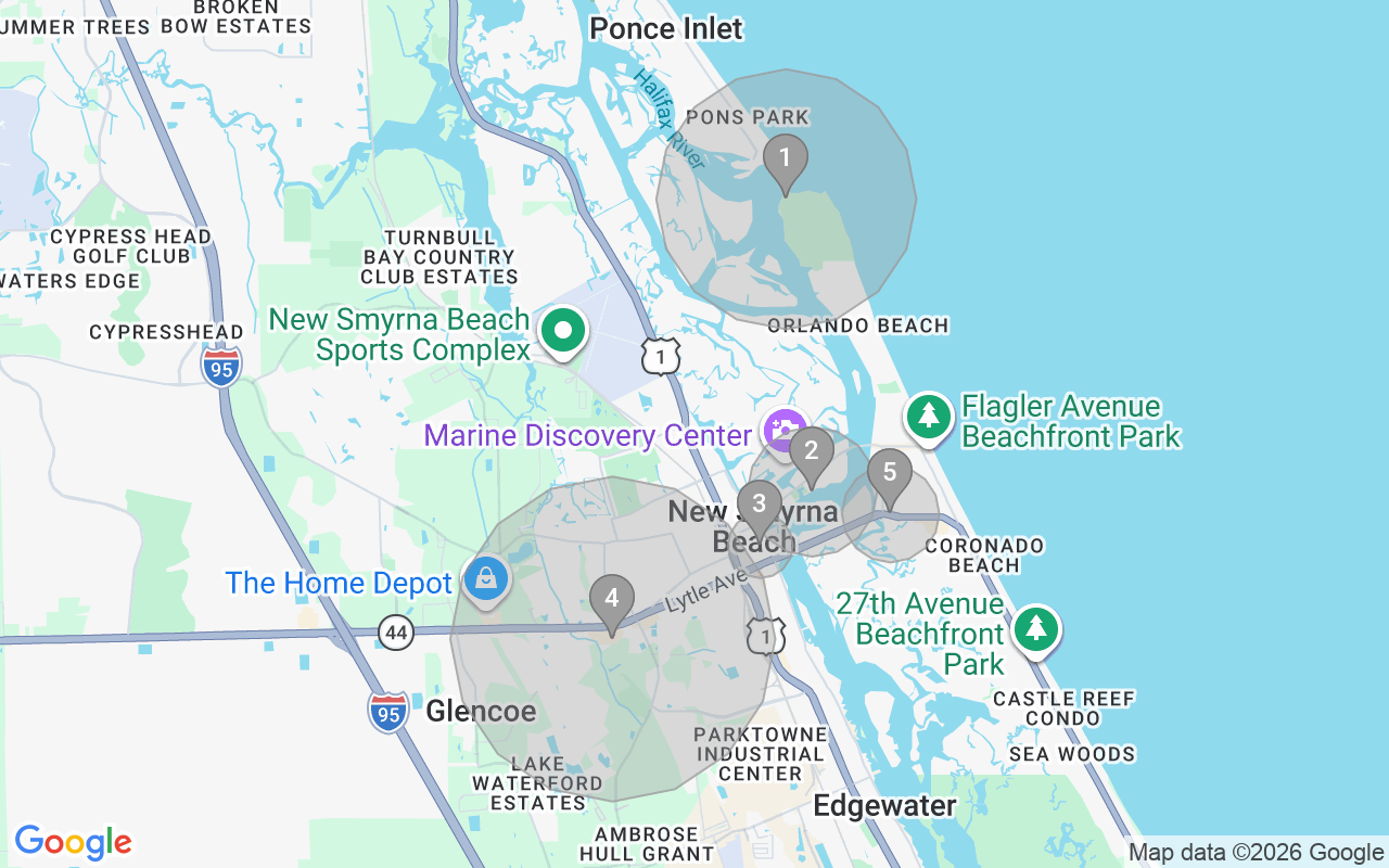 Map of Airbnb guest-review hotspots in New Smyrna Beach with location premium circles