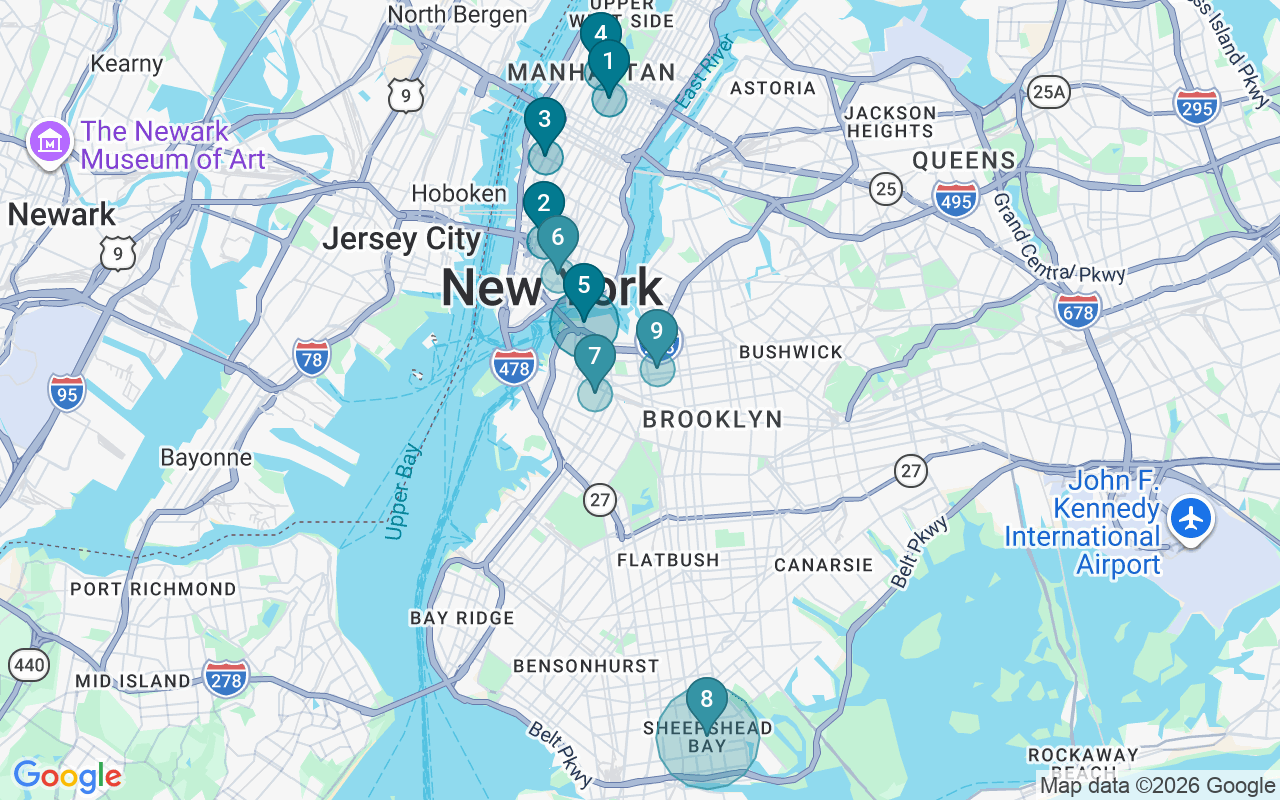 Map of Airbnb guest-review hotspots in New York with location premium circles