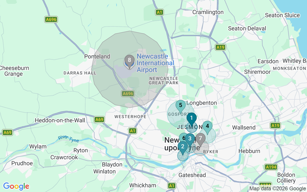 Map of Airbnb guest-review hotspots in Newcastle Upon Tyne with location premium circles