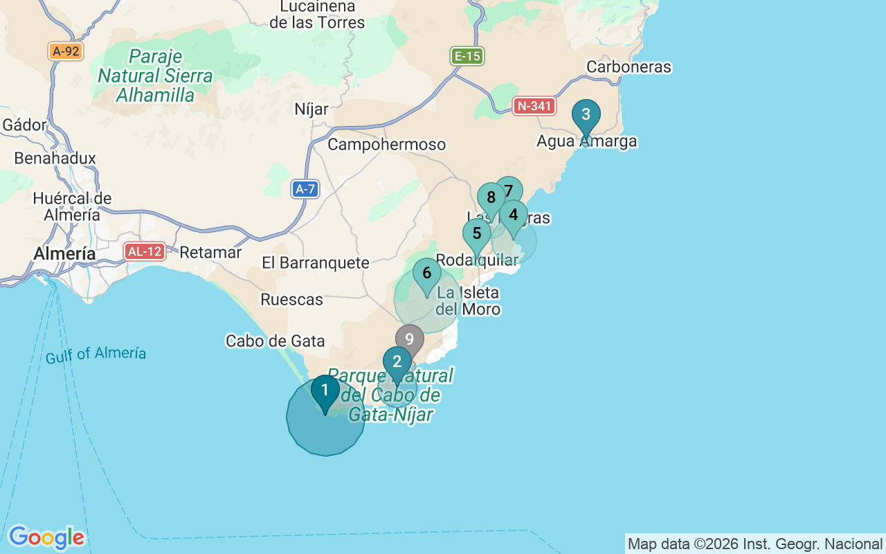 Map of Airbnb guest-review hotspots in Níjar with location premium circles