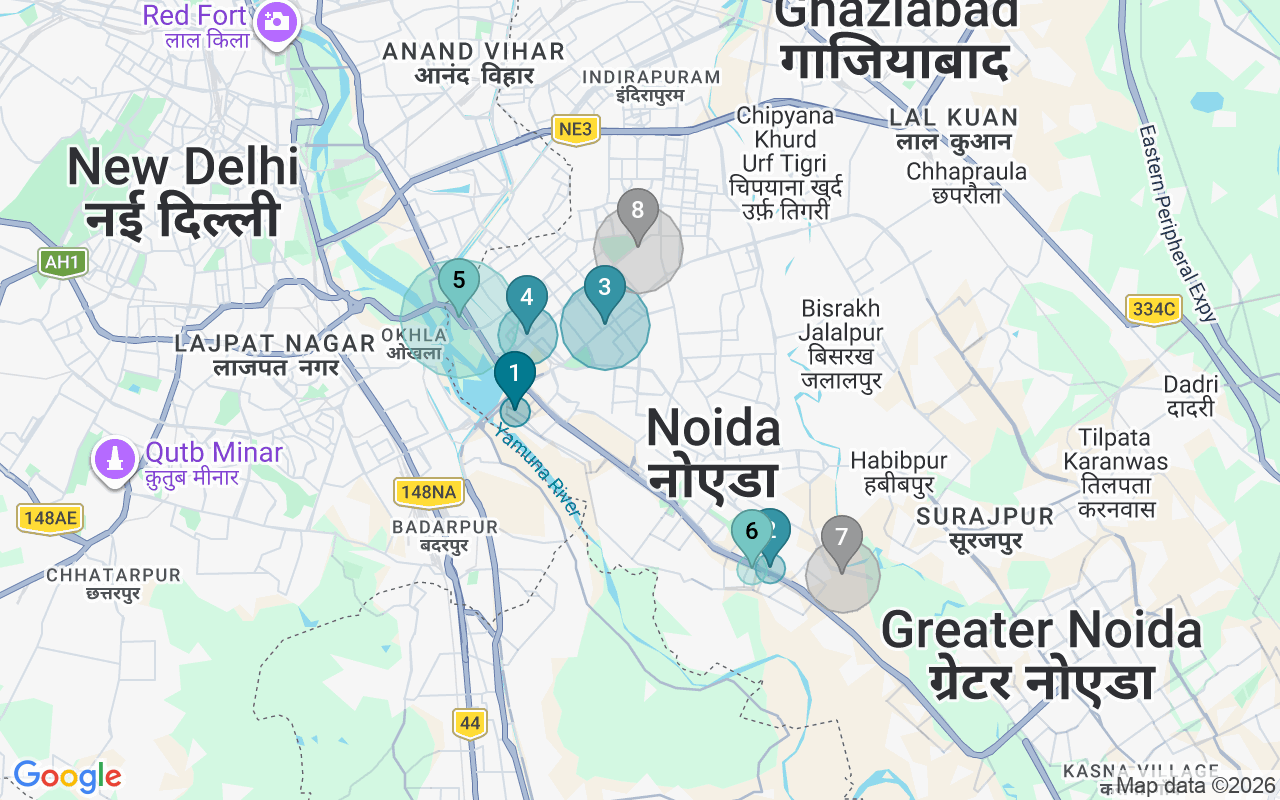 Map of Airbnb guest-review hotspots in Noida with location premium circles