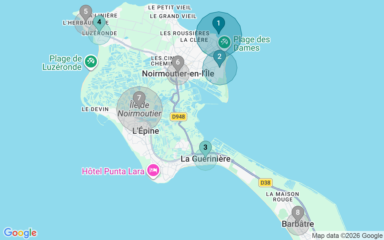 Map of Airbnb guest-review hotspots in Noirmoutier with location premium circles