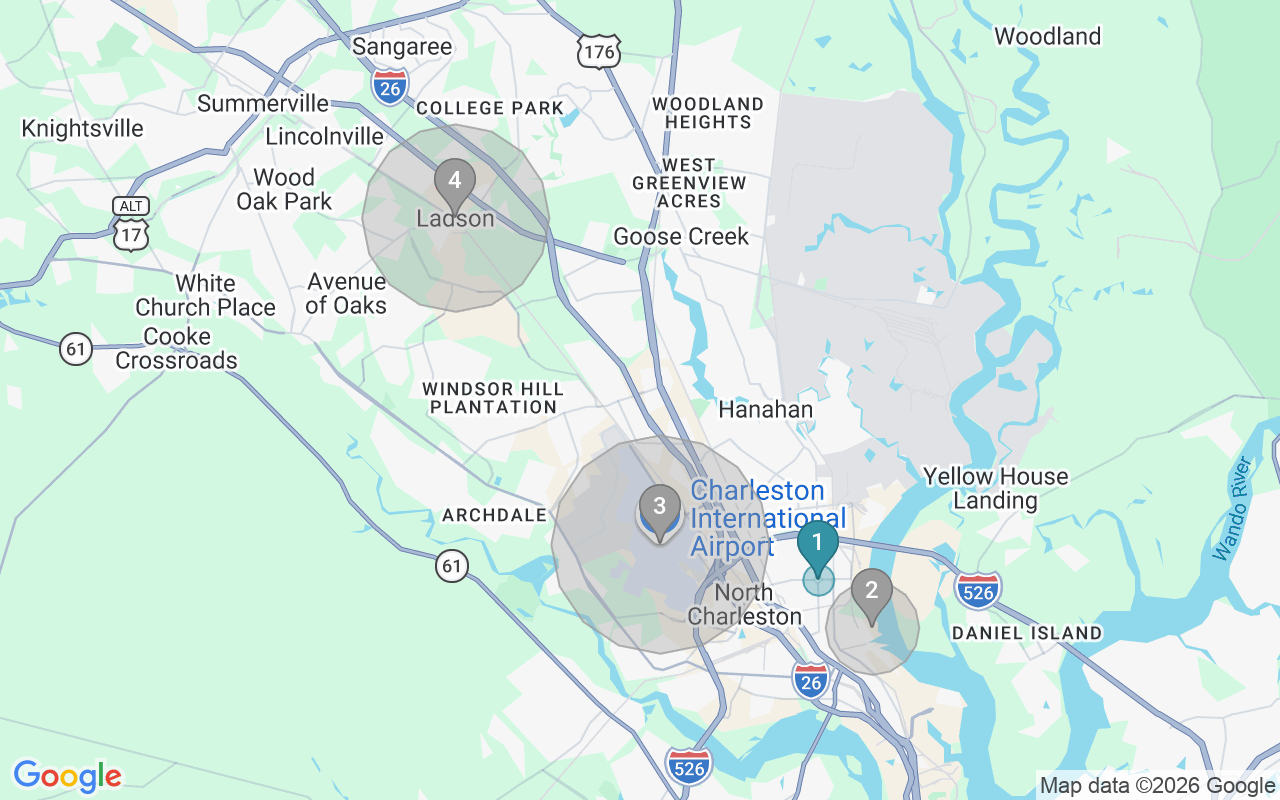 Map of Airbnb guest-review hotspots in North Charleston with location premium circles