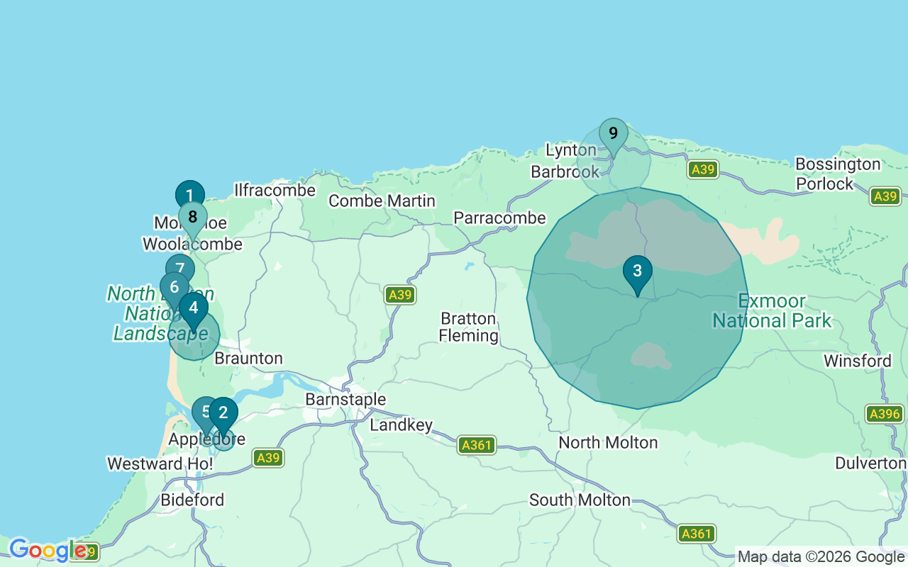 Map of Airbnb guest-review hotspots in North Devon with location premium circles
