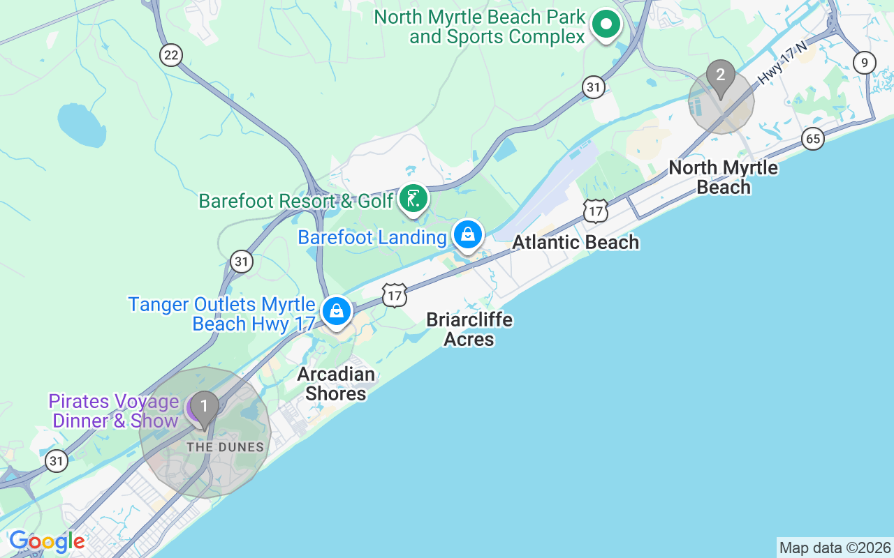 Map of Airbnb guest-review hotspots in North Myrtle Beach with location premium circles