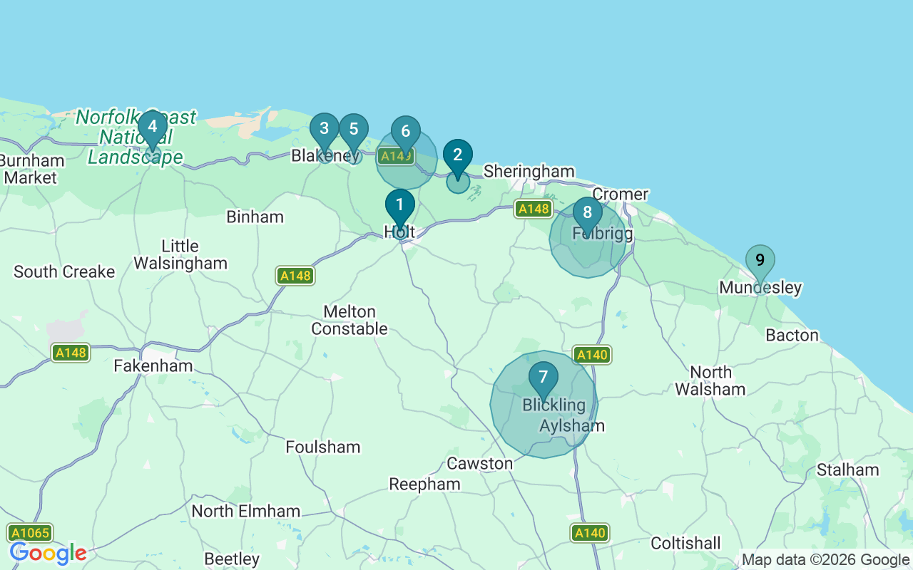 Map of Airbnb guest-review hotspots in North Norfolk with location premium circles