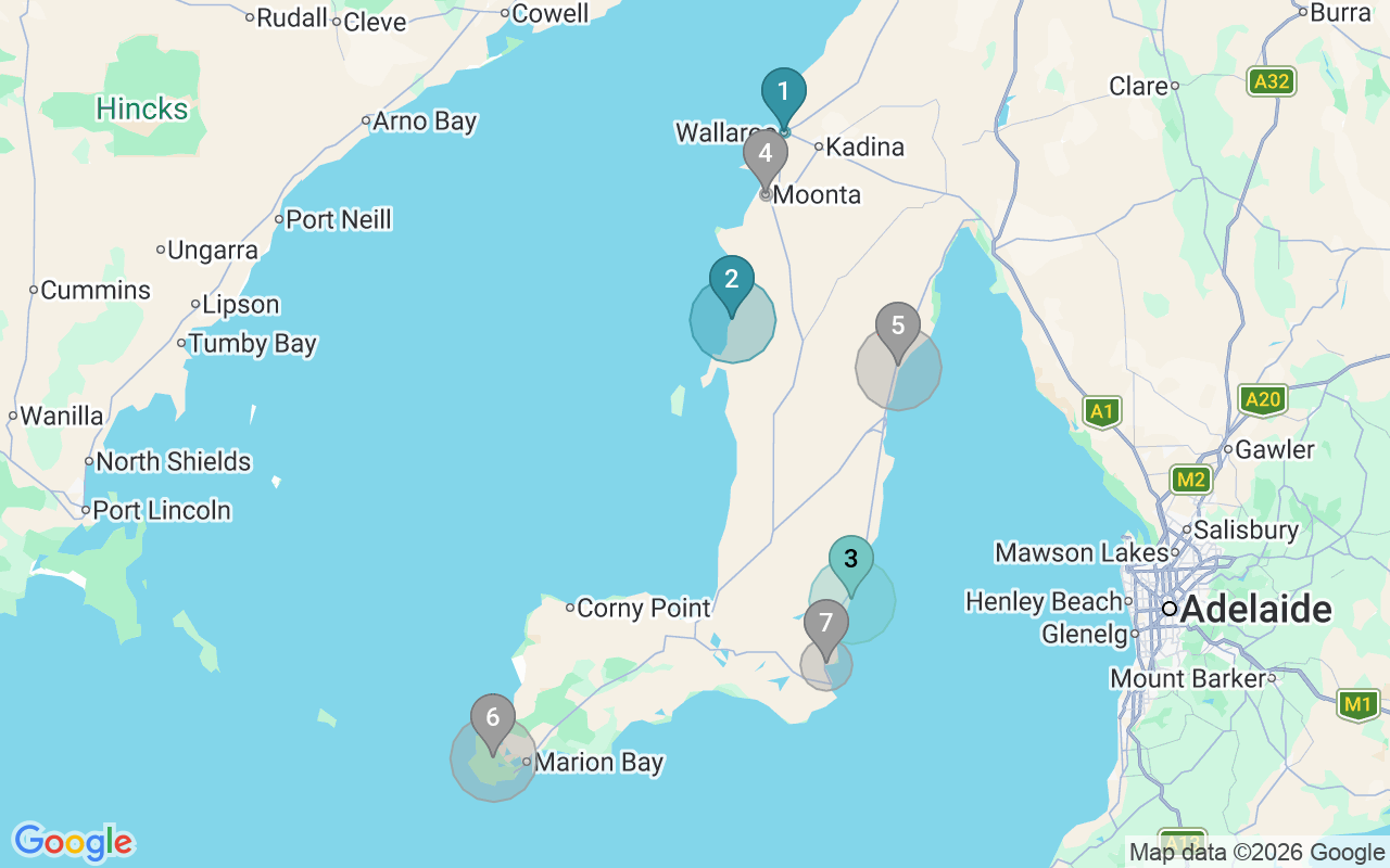Map of Airbnb guest-review hotspots in Northern and yorke with location premium circles