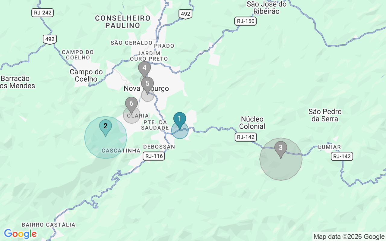 Map of Airbnb guest-review hotspots in Nova Friburgo with location premium circles