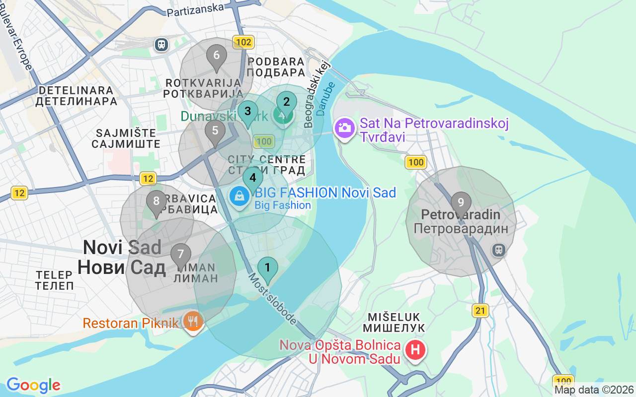 Map of Airbnb guest-review hotspots in Novi Sad with location premium circles