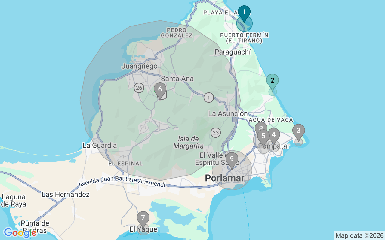 Map of Airbnb guest-review hotspots in Nueva Esparta with location premium circles