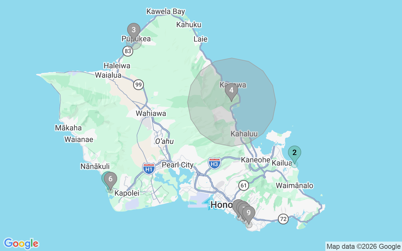 Map of Airbnb guest-review hotspots in Oahu with location premium circles