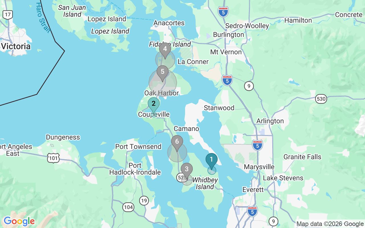 Map of Airbnb guest-review hotspots in Oak Harbor with location premium circles