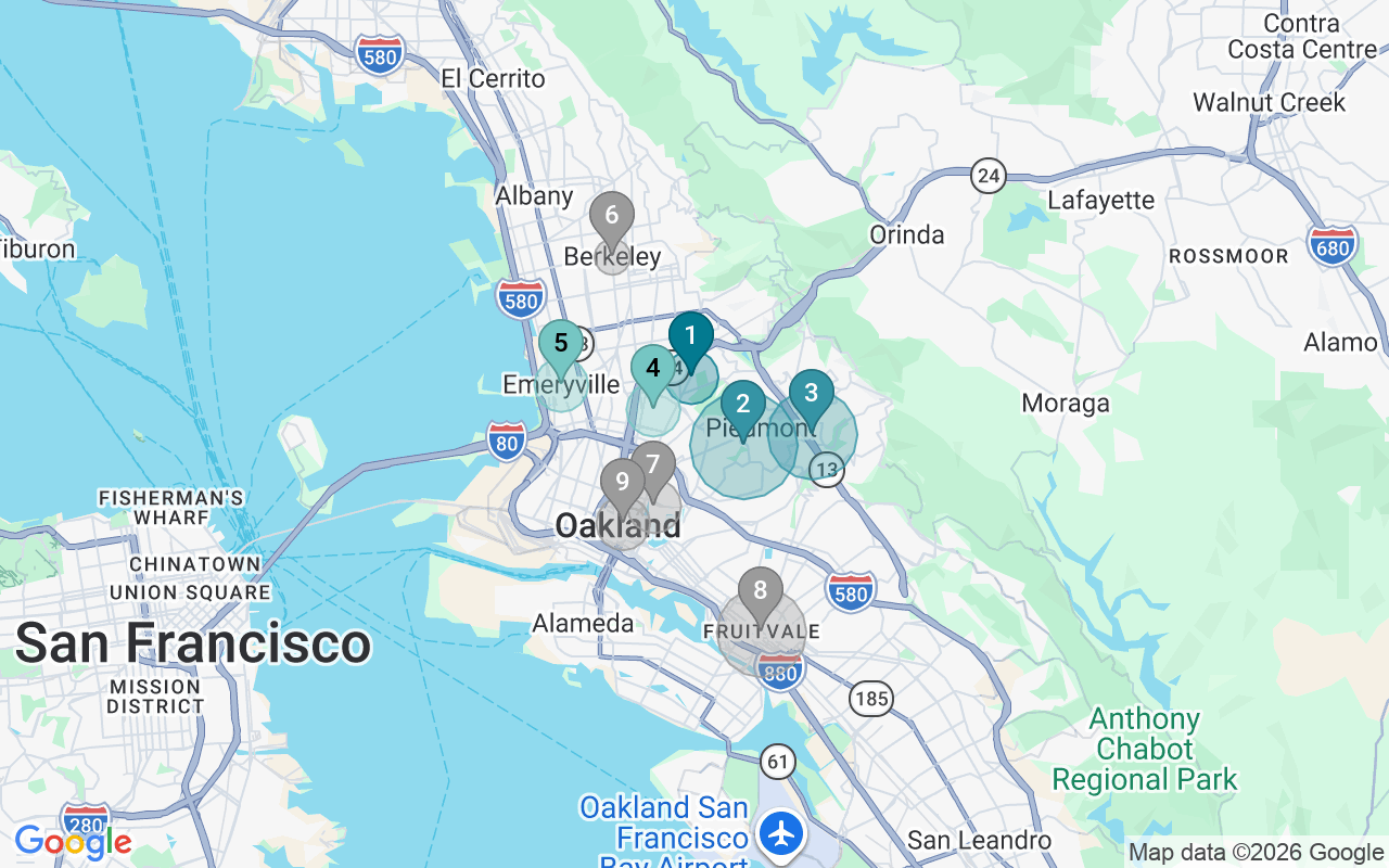 Map of Airbnb guest-review hotspots in Oakland with location premium circles