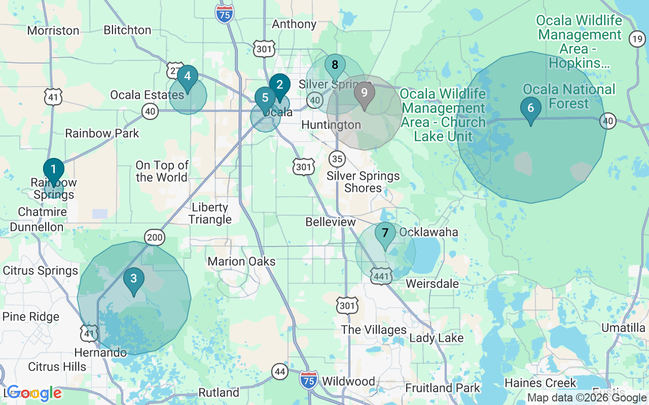 Map of Airbnb guest-review hotspots in Ocala with location premium circles