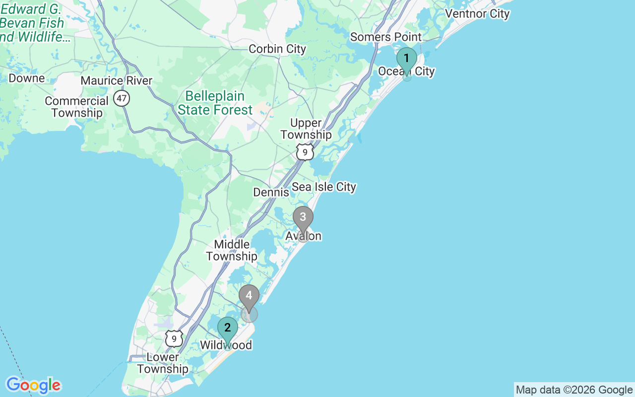 Map of Airbnb guest-review hotspots in Ocean City with location premium circles