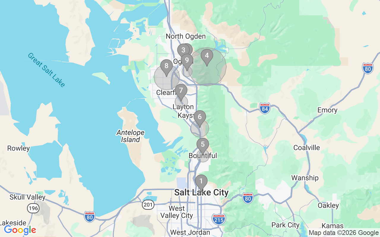Map of Airbnb guest-review hotspots in Ogden-Clearfield with location premium circles