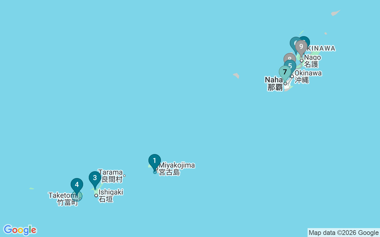Map of Airbnb guest-review hotspots in Okinawa with location premium circles