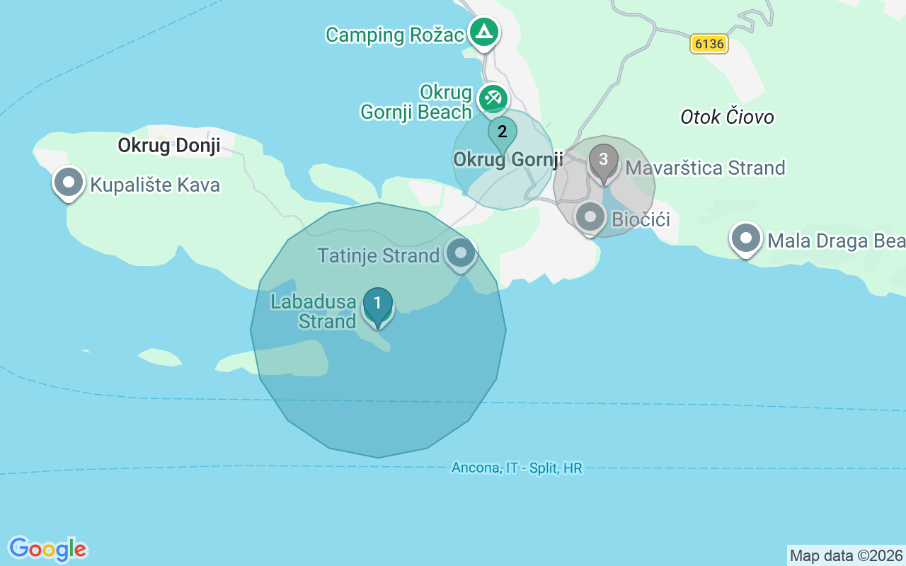 Map of Airbnb guest-review hotspots in Okrug Gornji with location premium circles