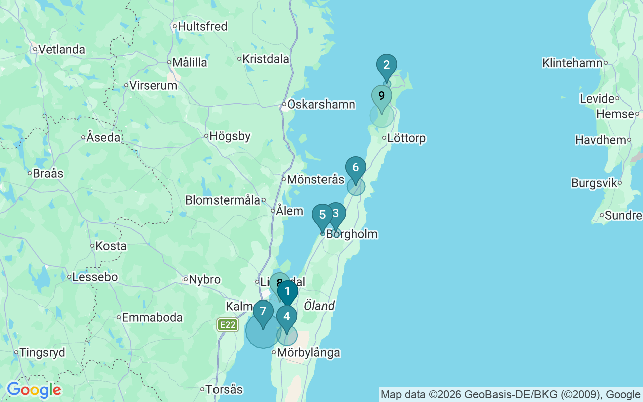 Map of Airbnb guest-review hotspots in Öland with location premium circles