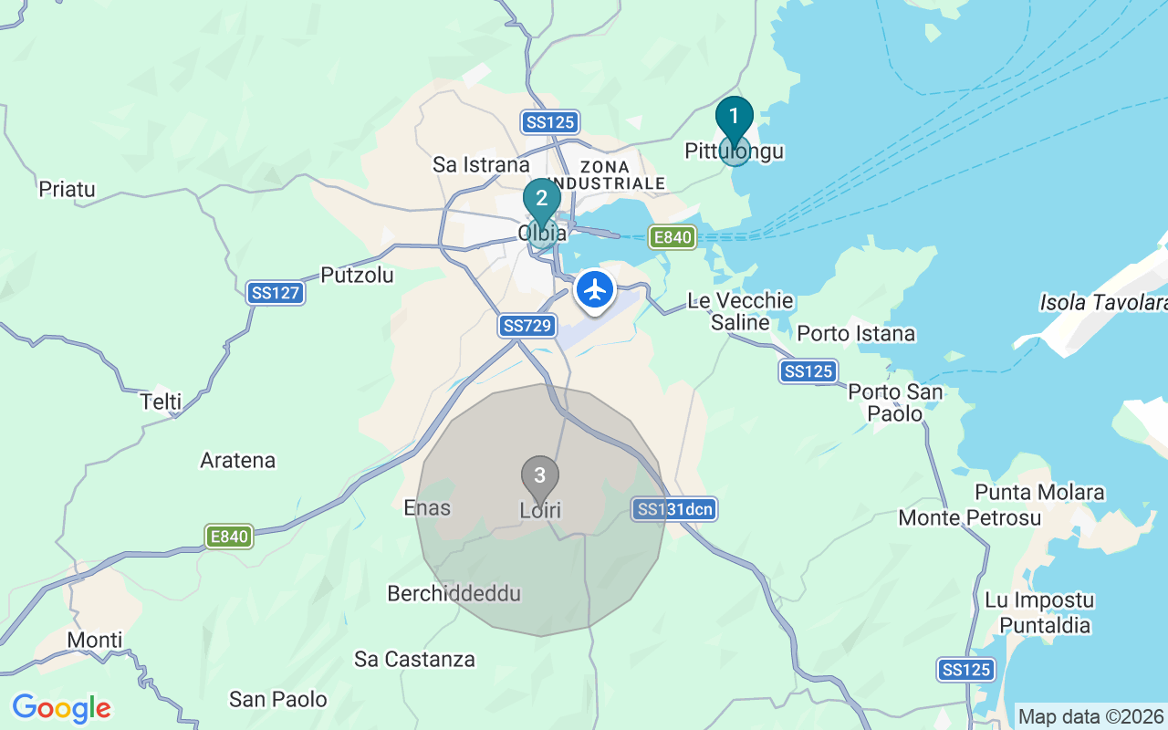 Map of Airbnb guest-review hotspots in Olbia with location premium circles