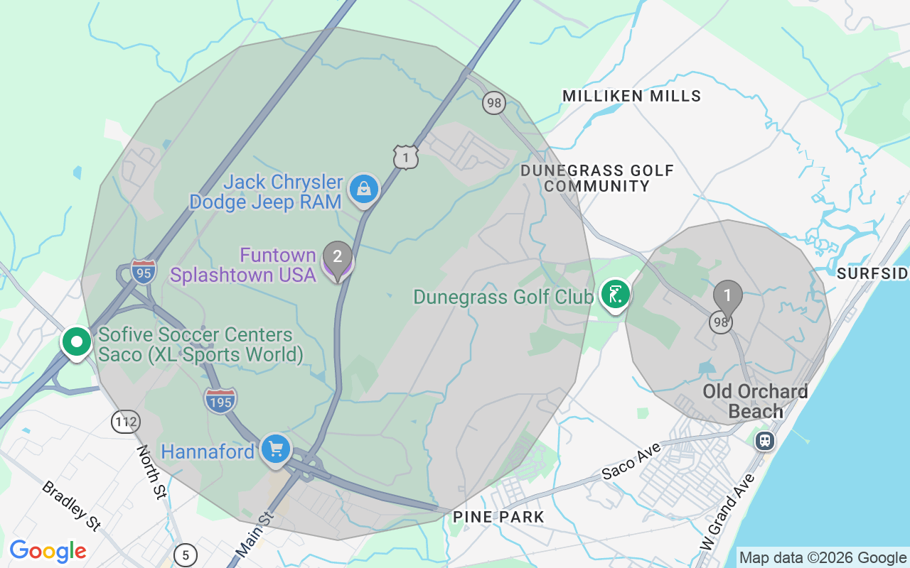 Map of Airbnb guest-review hotspots in Old Orchard Beach with location premium circles
