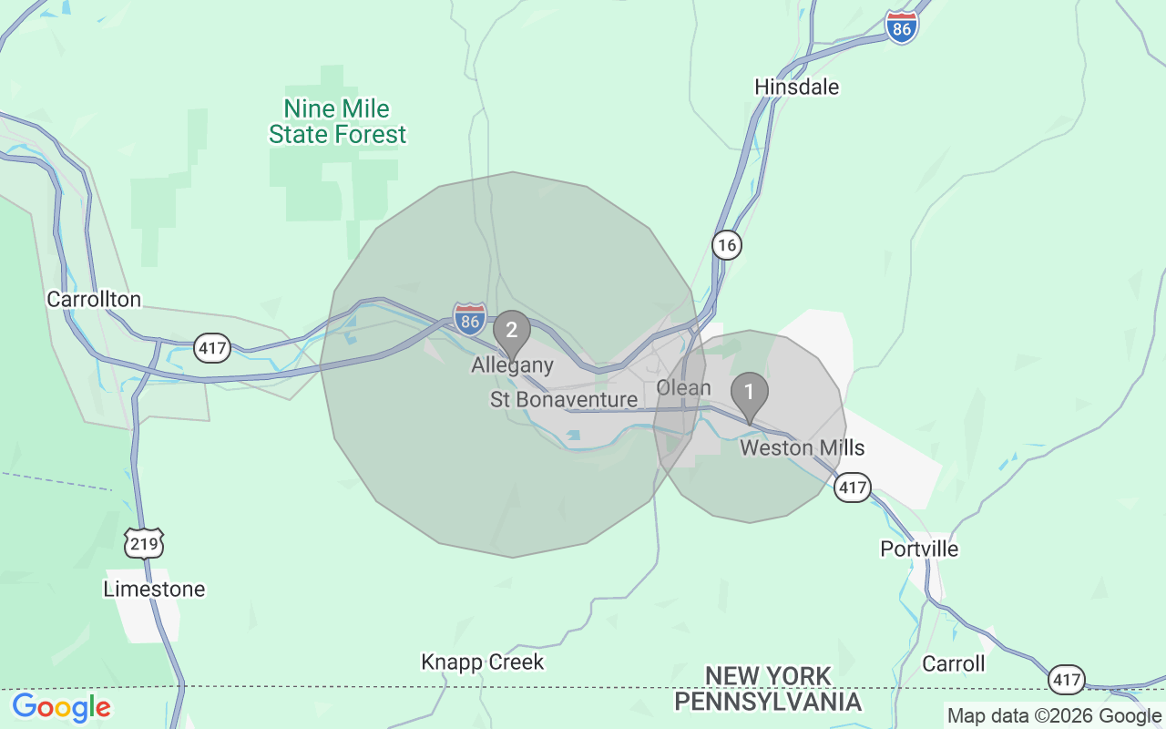 Map of Airbnb guest-review hotspots in Olean with location premium circles