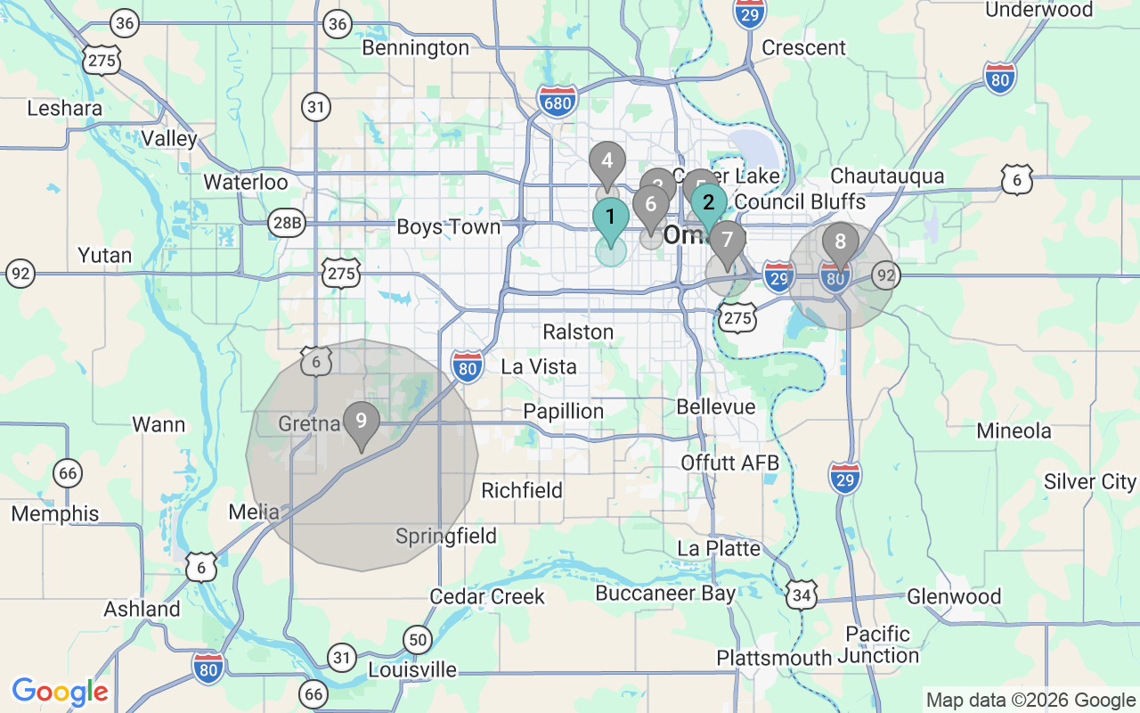 Map of Airbnb guest-review hotspots in Omaha-Council Bluffs with location premium circles