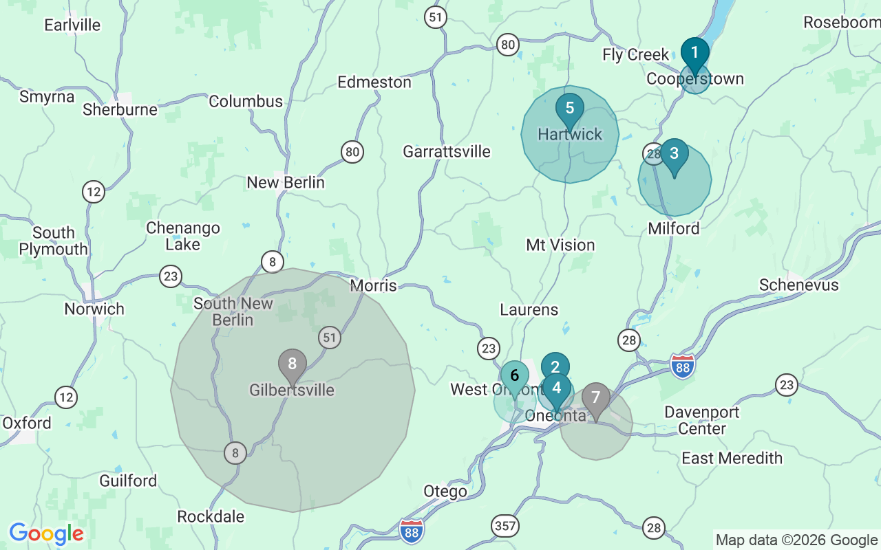 Map of Airbnb guest-review hotspots in Oneonta with location premium circles