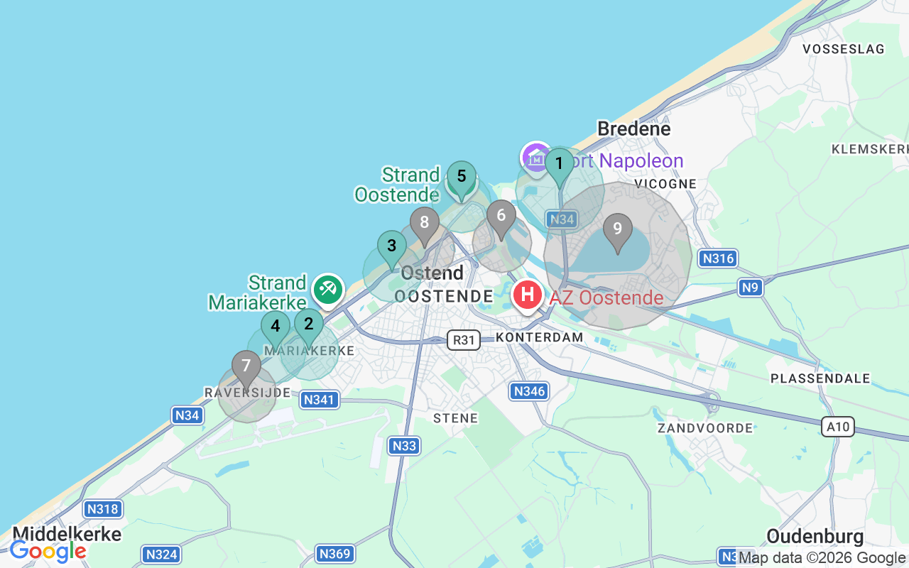 Map of Airbnb guest-review hotspots in Oostende with location premium circles