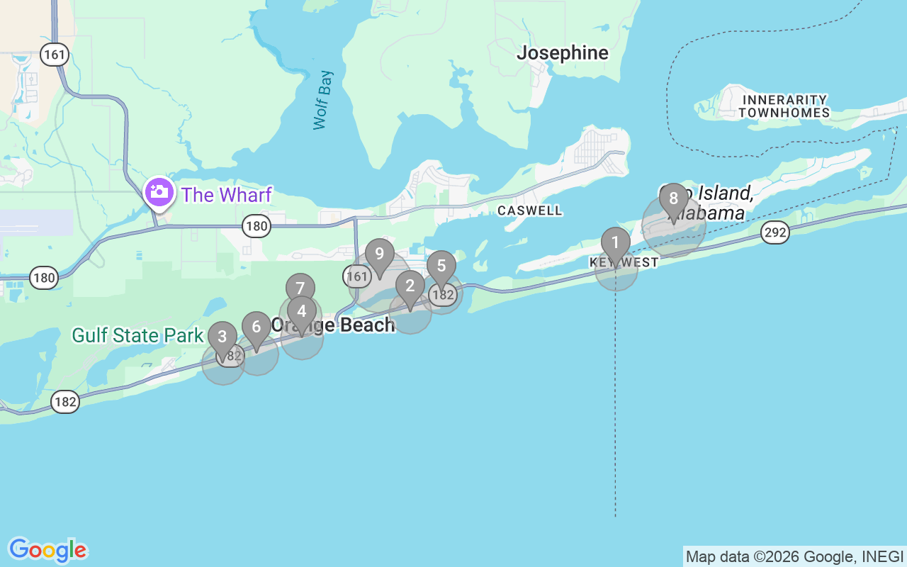 Map of Airbnb guest-review hotspots in Orange Beach with location premium circles
