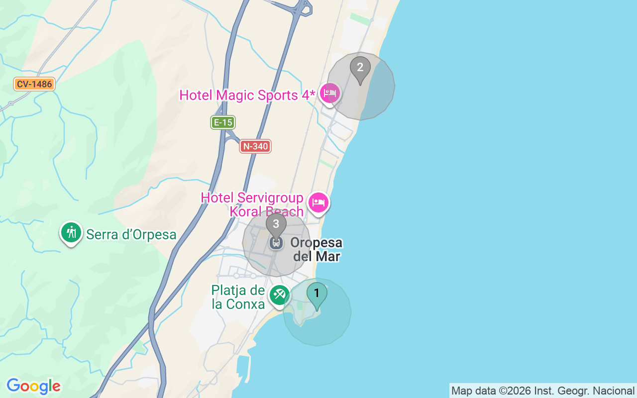Map of Airbnb guest-review hotspots in Oropesa Del Mar with location premium circles