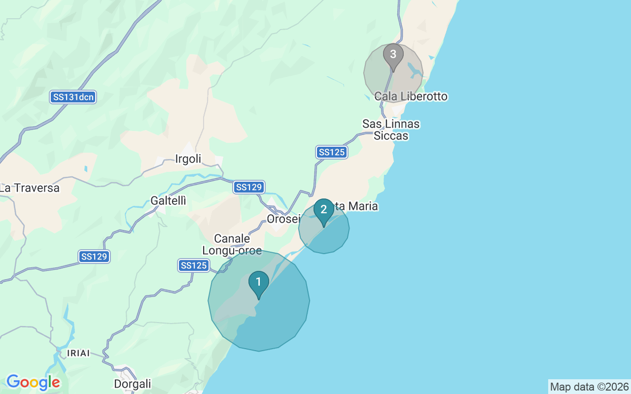 Map of Airbnb guest-review hotspots in Orosei with location premium circles