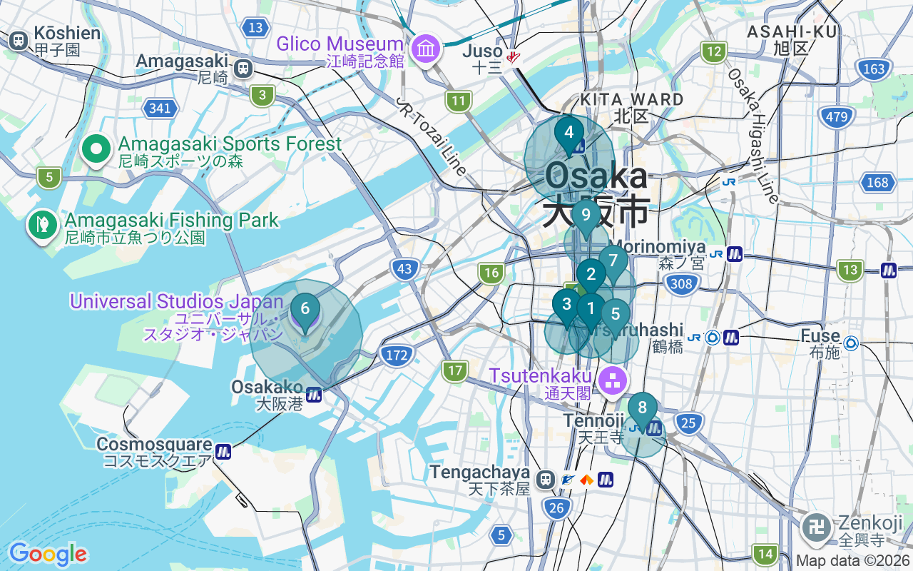 Map of Airbnb guest-review hotspots in Osaka with location premium circles