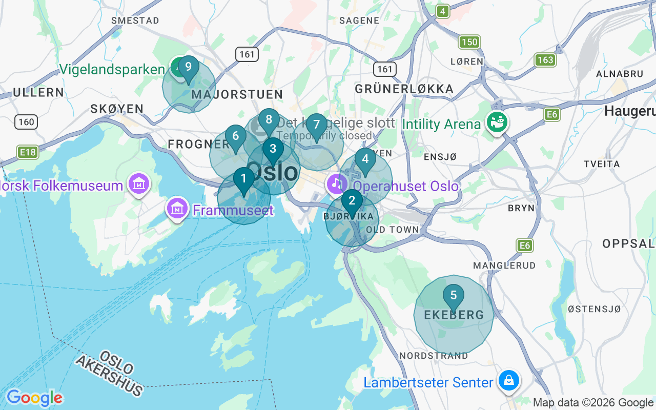 Map of Airbnb guest-review hotspots in Oslo with location premium circles
